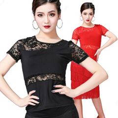 着やせ効果 トップス Tシャツ ダンス衣装 レース  ストレッチ シースルー 半袖 へそ出し ヨガウェア レッスン着 練習着 ベリー 社交ダンス ヨガ ベリーダンス 衣装 ダンス ラテンダンス ジャズダンス ヒップホップ レディース 黒 赤 夏 cr18n