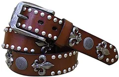 Laquest ラクエスト メンズ 革 スタッズ ベルト アンティーク コンチョ ユリ 紋章 レリーフ レザー( ブラウン)