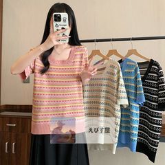 大きいサイズ レディース 2025夏新作 ゆったりスクエアネック ニットトップス ジャカードアイスシルク 半袖Tシャツ