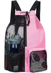 [kanaelun] ジムサック メッシュ リュック ナップサック プールバッグ 防水 軽量 多機能 バッグ 中が見える (ピンク) [ピンク]