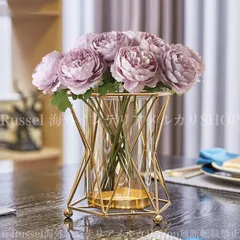 北欧インテリアに馴染む　金属とガラスの花瓶 金 ゴールド ワイヤーフレーム 透明 クリア おしゃれ 花器 フラワーベース 玄関 リビング 4-7