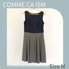 【春ワンピース・良】コムサイズム　COMME CA ISM　ひざ丈ワンピース　千鳥柄風　ネイビー　入園式 卒園式　入学式　卒業式　結婚式 顔合わせ　七五三 会食　お食い初め　冠婚葬祭　セレモニー　フォーマルワンピース　オフィス　レディースフォーマル　Mサイズ