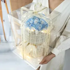 ワンホンブーケ ツイード ブルー ホワイト 窓付き紙袋＋メッセージカード付き 薔薇 ソープフラワー ローズ 記念日 誕生日 プレゼント ブーケ 花束 生誕祭 お祝い 韓国風 母の日 開業祝 結婚祝いシャボンフラワー 石鹸