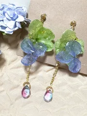 雨粒ゆらゆらドライフラワーピアス　紫陽花