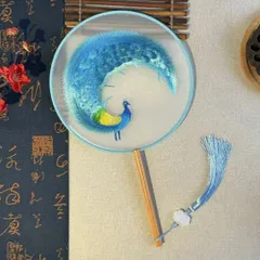 うちわ　シルク　両面刺繍　ししゅう　扇子　上品　団扇　和装　浴衣　花火大会　踊り　水色鳳凰