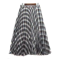 グリーンレーベルリラクシング ユナイテッドアローズ green label relaxing FM マキシ プリーツ スカート チェック ウエストゴム ブルー ブラウン 36 3624-105-1735