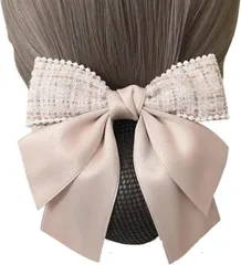 Liebendo シニヨンネット バレッタ ネット付き ツイード お団子ネット リボン 大きめヘアネット 髪ネット エレガンス レディース ヘアアクセサリー 髪留め(ベージュ)