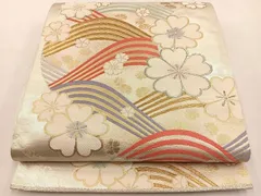 平和屋着物◎六通柄袋帯　唐織　重ね山桜文　金銀糸　正絹　逸品　BAAT9694hj