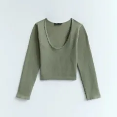 ZARA(ザラ) zara オリーブグリーン リブ クロップドTシャツ XS