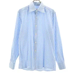 Glanshirt グランシャツ チェック柄 長袖 シワ加工 コットンシャツ 39 ブルー メンズ 古着