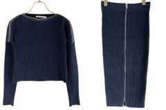 【お値引き交渉大歓迎】 T by ALEXANDER WANG XS ネイビー ネックジップ切り替えリブニットタイトスカートセットアップ