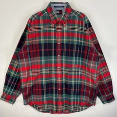 古着 90's/90年代 トミーヒルフィガー TOMMY HILFIGER 長袖シャツ チェック ボタンダウンシャツ ロゴ 刺繍 M  レッド系 マルチカラー メンズ