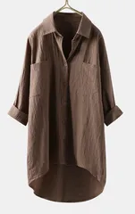 【カーキ】チュニック ブラウス 長袖 体型カバー シャツ 白 ゆったり オーバーサイズ 大人カジュアル リネン シワ加工 春 夏 秋