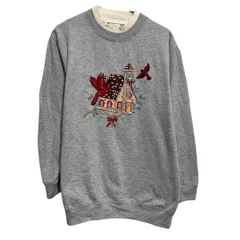 ロゴスウェット トレーナー レディース M グレー プルオーバー 二重襟 鳥 刺繍 裏起毛 古着卸 アメリカ仕入 a702-6987