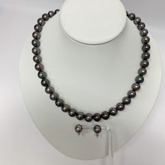 【中古】 ネックレスピアスセット　黒蝶真珠8.5-10mm パール　SILVER
