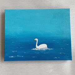 白鳥✴︎絵画　アクリル画　月　空　霧　癒し　風景　綺麗　可愛い　ブルー　青　湖　淡い　儚い　満月　インテリア　幻想　池　鳥　テクスチャーアート