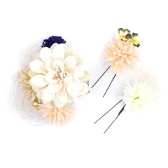 髪飾り 成人式 水引 赤 振袖 前撮り 袴 3点セット 花 白 サーモンピンク 青紫 ゴールド カスミソウ ビーズ コーム Ｕピン かわ No.12-0635