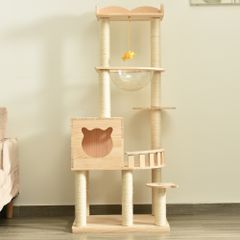 キャットタワー 木製 天然木 据え置き 宇宙船付き 猫タワー 展望台 隠れ家 季節問わず 階段 機能満載 爪とぎ 多頭飼い 安定感抜群 頑丈 省スペース 猫ハウス 上りやすい クリアボウル キャットポール 据え置き型