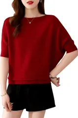 NEKORA 半袖 ドルマン ニット セーター トップス カットソー ゆったり サマーニット レディース 大きいサイズ おしゃれ きれいめ かわいい(レッド,  M)