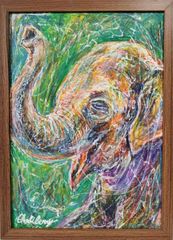 チョビベリー作 「しあわせなインドゾウ」水彩色鉛筆画  一点物 A4サイズ