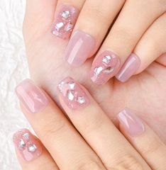 [Clearance Sale] Very Short, 10-Pack, Cute Crystal Coffin Nail Art Set, Self-Nail Set, Magnetic, Korean Style, for Small Nails, Stylish Fake Nails, Fashionable Color Gel Nails, 3D Nails, Star Pattern, False Nails with Rhinestones, Solid Color (Pink)