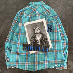 【Remake】NIRVANA ニルヴァーナ Kurt Cobain カートコバーン チェック柄 再構築 ドッキング ボロ加工 オーバーサイズ リメイクシャツ ネルシャツ 長袖シャツ ブルー系 バンT グランジロック パンク アナーキー No.11