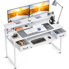 一人暮らし 省スペース おしゃれ モニター台付き 引き出し2杯付き 在宅ワーク pcデスク 机 ゲーミングデスク 幅120cm ホワイト キーボードスライダー付き パソコンデスク ODK