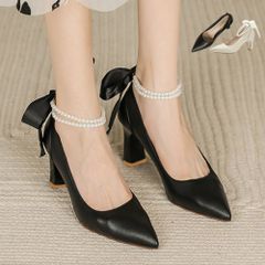 アンクルパール 美脚 パンプス ハイヒール アンクルストラップ レディースシューズ 太ヒール靴 ポインテッドトゥ チャンキーヒール 歩きやすい