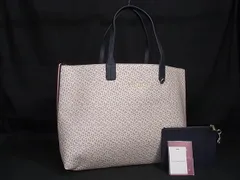 ■新品同様■ TOMMY HILFIGER トミーヒルフィガー PVC×レザー リバーシブル トートバッグ ベージュ系×ネイビー系×レッド系 FL3298