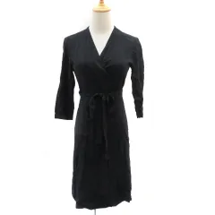 イネス INES DELA FRESSANGE × ユニクロ UNIQLO カシュクールワンピース ひざ丈 七分袖 無地 M 黒 ブラック /YK2