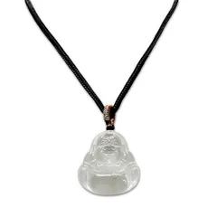 天然石水晶布袋様彫り品小サイズペンダントトップ黒紐ネックレス御守り開運