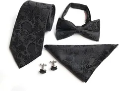 ルナリ ネクタイ 蝶ネクタイ ポケットチーフ カフスボタン 4点セット ペイズリー柄 メンズ フォーマル ギフト(ブラック)