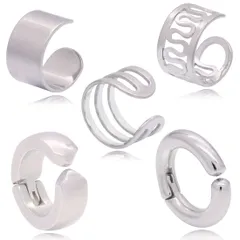 【色：シルバー 5点セット】[Adelina Style] イヤーカフ イヤークリップ フェイクピアス ノンホールピアス イヤリング レディース メンズ ステンレス 挟むだけ 片耳用 プレゼント
