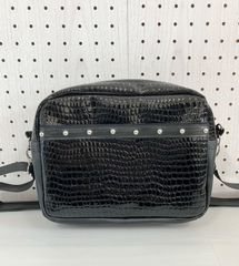 ハンドメイド＊ショルダーバッグ 黒エナメルクロコダイル風&スタッズ(844)