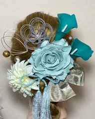 和装　洋装　髪飾り　W10 結婚式　成人式　ターコイズ系　コサージュ