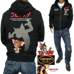 vanson バンソン トムとジェリー グレムリン コラボ 刺繍  ジップ パーカーメンズ/レディース/ユニセックス ヴァンソン TOM & JERRY キャラクター ジャケット ブラック フード サイズS-M TJV-2504