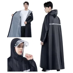 メンズ　レインコート　ロング　フード付き　フェイスシールド　内側メッシュ　蒸れない　雨カッパ　ブラック　反射シール　通勤　通学　散歩　丈夫