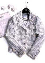 シャネル ジャケット CHANEL ペールブルー フリンジ ツイード