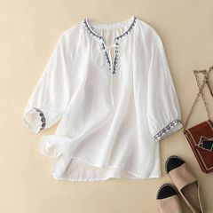 tシャツ レディース 刺繍 ブラウス 春夏 七分袖 vネック 綿麻風 プルオーバー デザイン カットソー Tシャツ トップス 7分袖 チュニック ぽわん袖 ゆったり 透け 爽やか 大人 かわいい ナチュラル