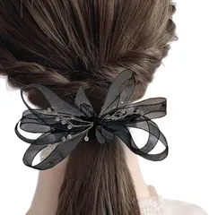 Liebendo ヘアクリップ 髪飾り チュールリボン ヘアアクセサリー 森ガール 誕生日 発表会 撮影用 結婚式 フォーマル 通勤 通学 パーティー(ブラック)