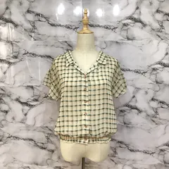 美品<!-利用不可文字-!>　ヘザー　Heather 半袖シャツブラウス　【F】　ベージュ　緑　チェック　シースルー　フリル　オシャレ　かわいい　上品　春　夏