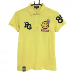 ★特価★【美品】パーリーゲイツ 半袖ポロシャツ イエロー×ネイビー 襟裏ニコちゃん スマイル  レディース 0(S) ゴルフウェア PEARLY GATES