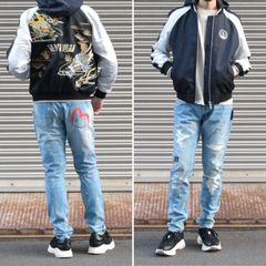インスタグラム コーディネート EVISU HERITAGE エヴィス ヘリテージ デニム 切り替え 龍 ドラゴン 家紋 刺繍 取り外しフード ジャケット スカジャン × カモメ 赤ペンキステッチ テーパードスリム ダメージ リペア ライトウォッシュ ジーンズ