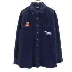 Pooh プー くまのプーさん刺繍 長袖 コーデュロイシャツ XL ネイビー DISNEY ディズニー メンズ 古着