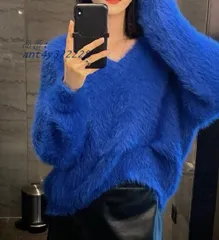 シャギーニット Vネック ニット レディース 長袖 セーター 秋冬 トップス ゆったり レディース ファッション シンプル 白 韓国 カジュアル ニットセーター ant4y322228