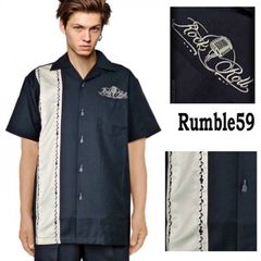 ボーリングシャツ rumble59 開襟シャツ 音符刺繍 ボウリングシャツ ロカビリー ブランド キューバシャツ 半袖 ブラック レトロシャツ メンズ 柄シャツ ロックファッション アメリカン モード系 バイカー シニア 大人 綿100％ M おしゃれ 春