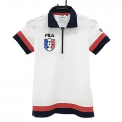 【美品】フィラゴルフ 半袖ハイネックシャツ 白×レッド×ネイビー トリコロール ハーフジップ  レディース M ゴルフウェア FILA GOLF