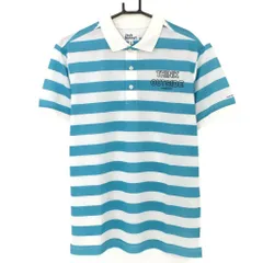 ★特価★【超美品】ジャックバニー 半袖ポロシャツ 白×ライトブルー ボーダー 織生地 胸元プリント メンズ 4(M) ゴルフウェア Jack Bunny