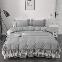 新品 Ovege 布団カバー ダブル 4点セット 掛け布団カバー ベッドスカート 洋式 枕カバー かわいい フリル付き おしゃれ ベッド用 布団用 ベット 寝具カバー 姫系 ピーチスキン加工 北欧 安心 清潔 丸洗いOK 抗菌防臭 洗い替え速乾 (グレー・フリ