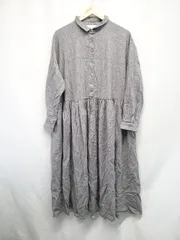 ◇ ⊇ natural by clip リネン コットン混 長袖 膝下丈 ワンピース サイズF グレー ホワイト系 レディース E  【1507160011611】